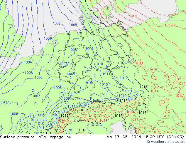 Presión superficial Arpege-eu lun 13.05.2024 18 UTC