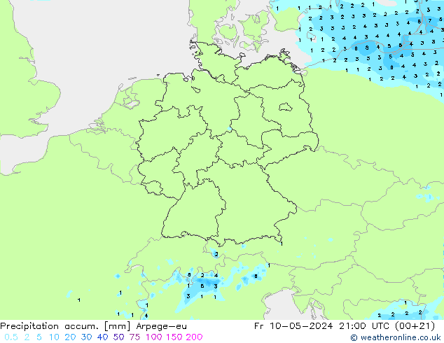 Precipitation accum. Arpege-eu 星期五 10.05.2024 21 UTC