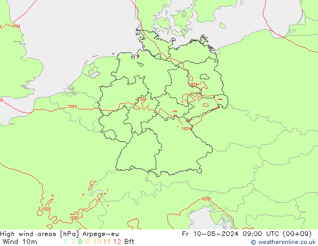 High wind areas Arpege-eu ven 10.05.2024 09 UTC