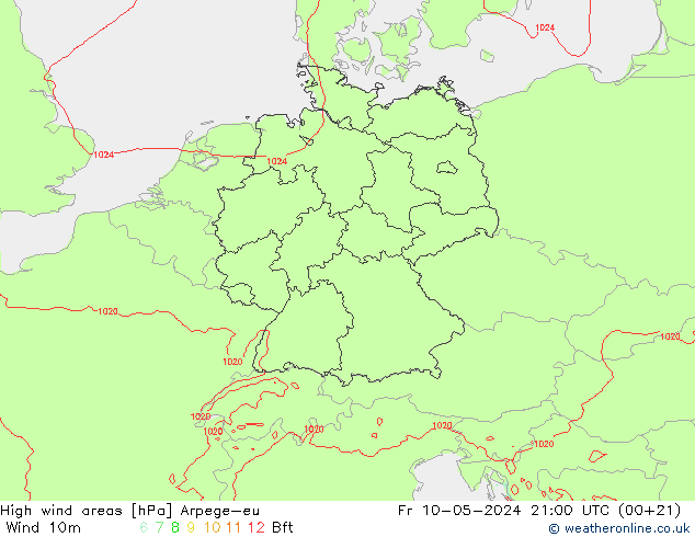 High wind areas Arpege-eu 星期五 10.05.2024 21 UTC