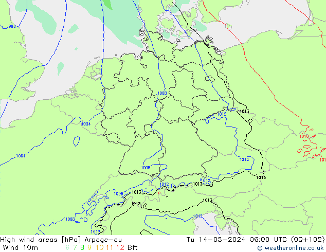 yüksek rüzgarlı alanlar Arpege-eu Sa 14.05.2024 06 UTC