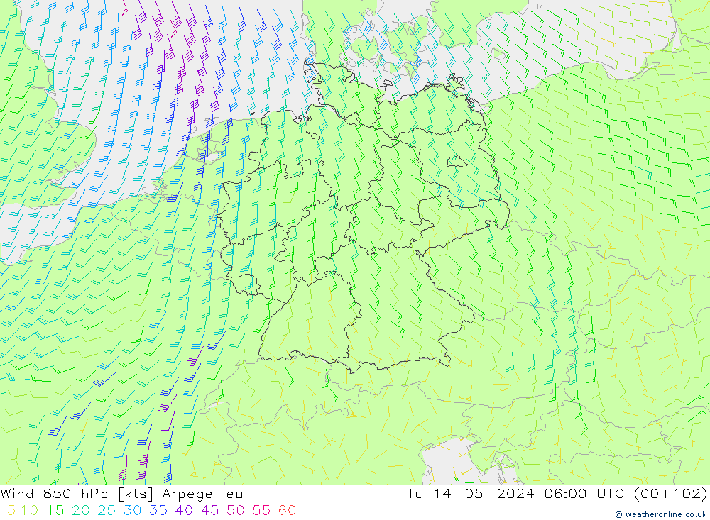 Rüzgar 850 hPa Arpege-eu Sa 14.05.2024 06 UTC