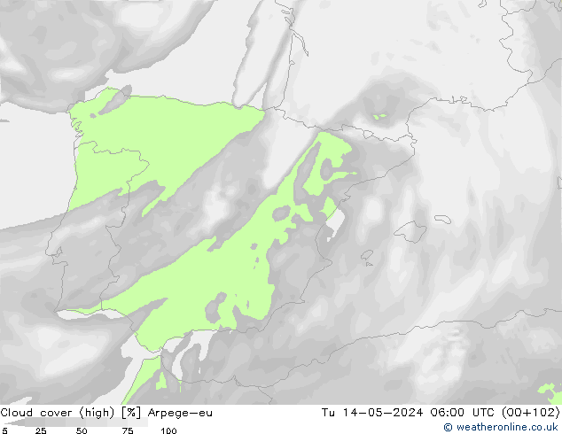 Cloud cover (high) Arpege-eu Tu 14.05.2024 06 UTC
