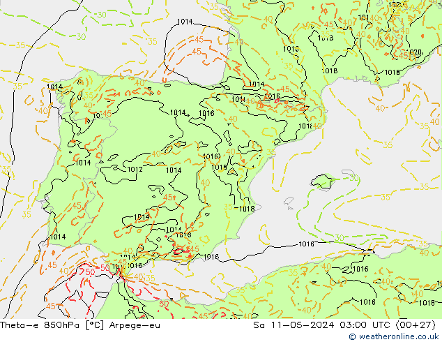 Theta-e 850hPa Arpege-eu Sa 11.05.2024 03 UTC