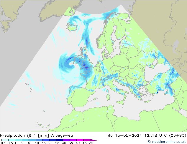 Precipitación (6h) Arpege-eu lun 13.05.2024 18 UTC