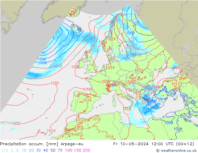 Totale neerslag Arpege-eu vr 10.05.2024 12 UTC