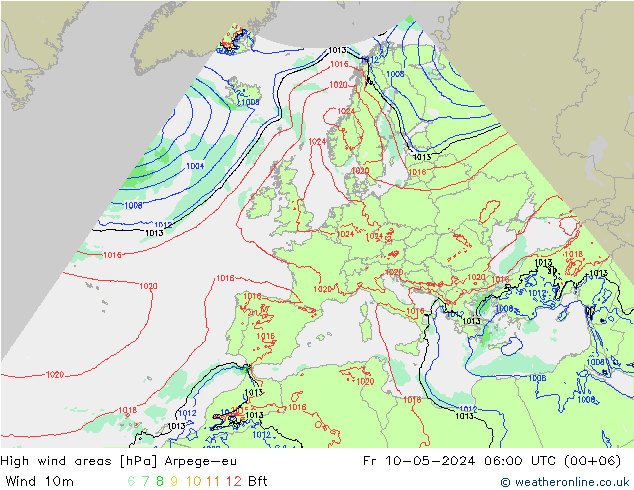 High wind areas Arpege-eu 星期五 10.05.2024 06 UTC