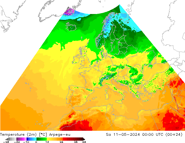 Temperaturkarte (2m) Arpege-eu Sa 11.05.2024 00 UTC