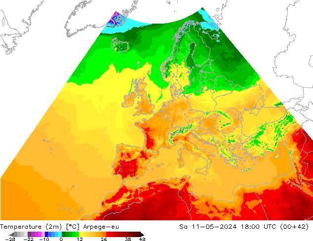 Temperatuurkaart (2m) Arpege-eu za 11.05.2024 18 UTC