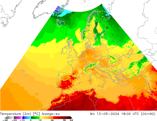 Temperature (2m) Arpege-eu Mo 13.05.2024 18 UTC