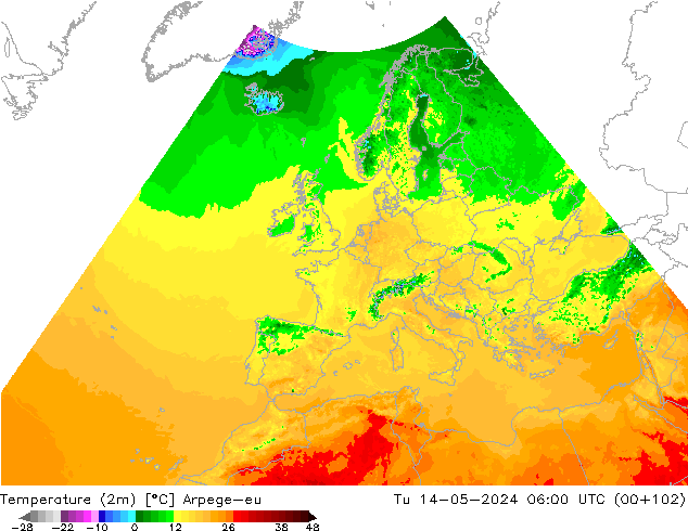 Temperaturkarte (2m) Arpege-eu Di 14.05.2024 06 UTC