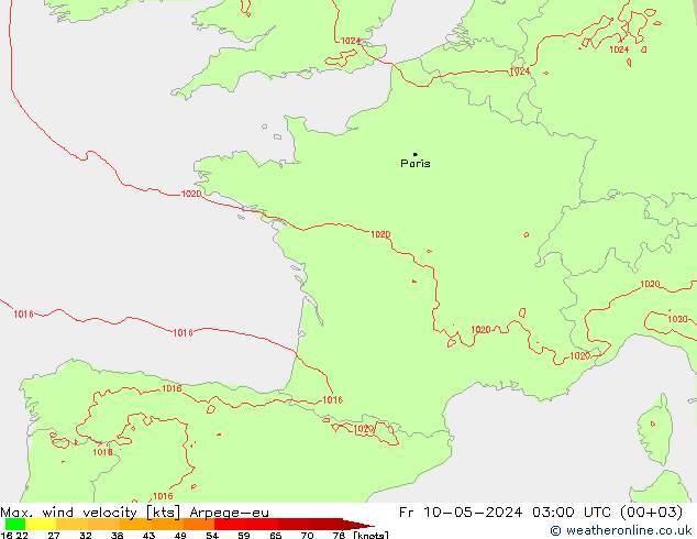 Max. wind velocity Arpege-eu  10.05.2024 03 UTC