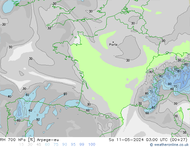 RH 700 hPa Arpege-eu sab 11.05.2024 03 UTC