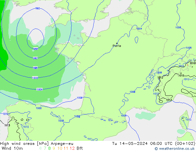 yüksek rüzgarlı alanlar Arpege-eu Sa 14.05.2024 06 UTC