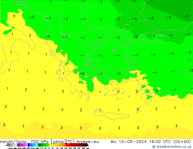 Yükseklik/Sıc. 700 hPa Arpege-eu Pzt 13.05.2024 18 UTC