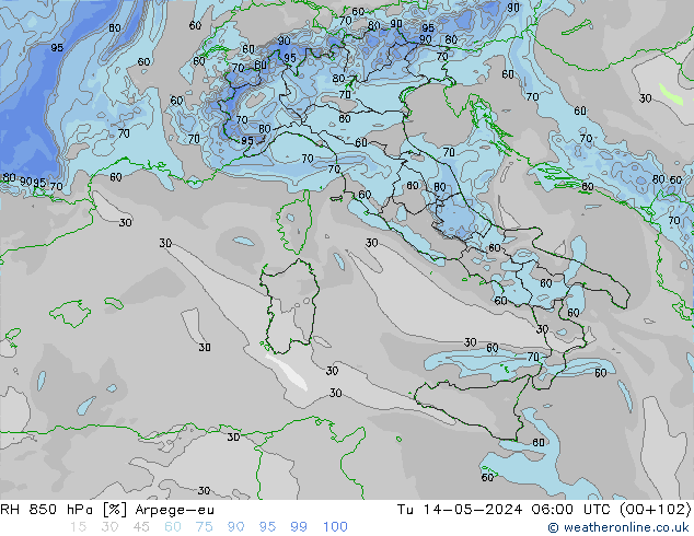 Humidité rel. 850 hPa Arpege-eu mar 14.05.2024 06 UTC