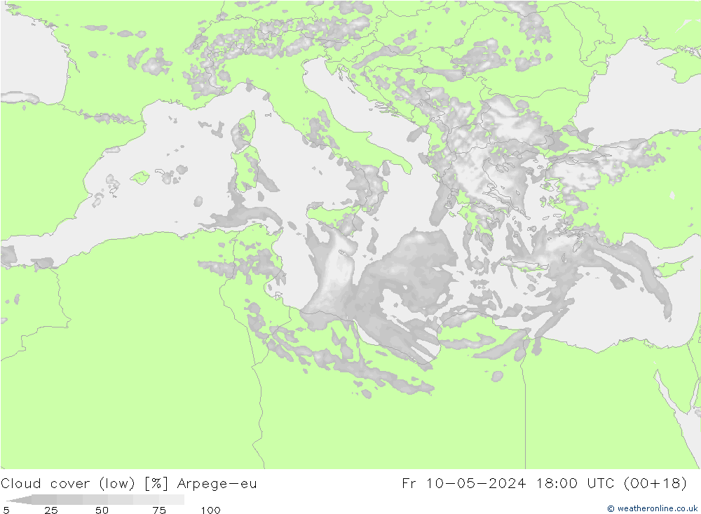 Cloud cover (low) Arpege-eu Fr 10.05.2024 18 UTC