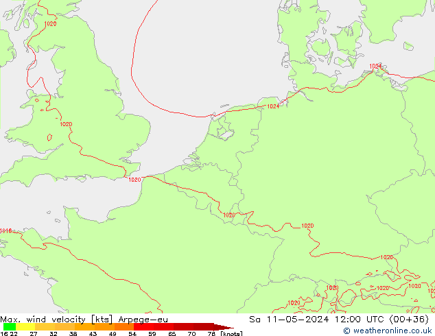 Max. wind velocity Arpege-eu sam 11.05.2024 12 UTC