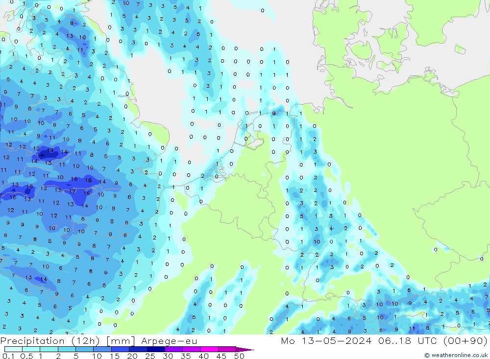 Precipitation (12h) Arpege-eu Mo 13.05.2024 18 UTC