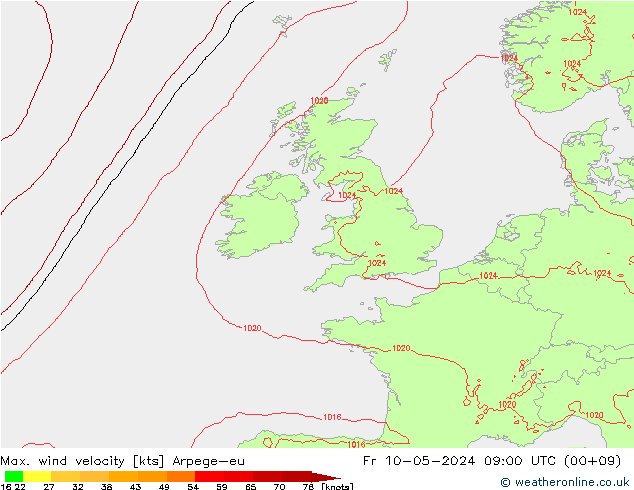 Max. wind snelheid Arpege-eu vr 10.05.2024 09 UTC