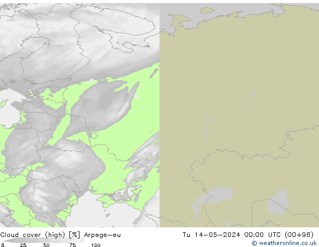 Cloud cover (high) Arpege-eu Tu 14.05.2024 00 UTC