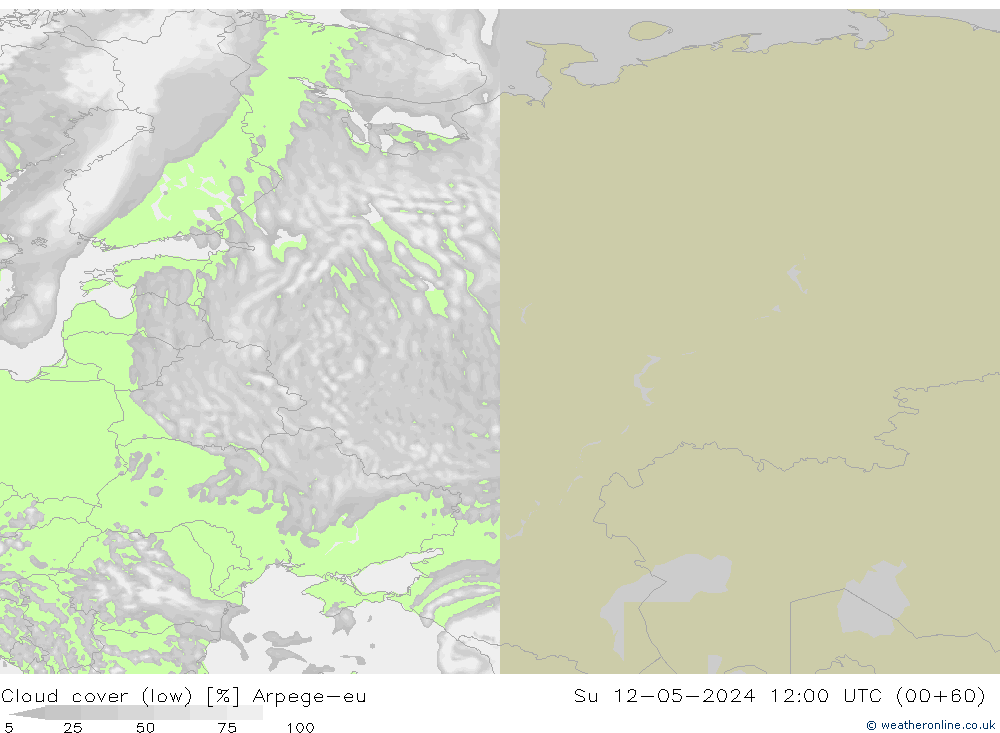 Cloud cover (low) Arpege-eu Su 12.05.2024 12 UTC