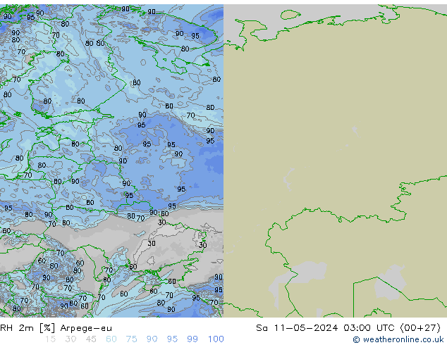 RH 2m Arpege-eu Sáb 11.05.2024 03 UTC