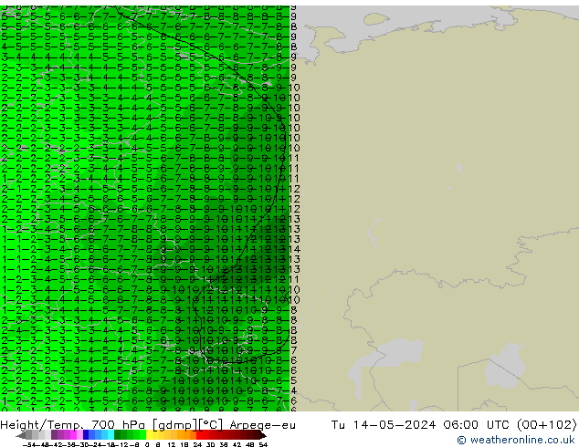 Height/Temp. 700 hPa Arpege-eu Di 14.05.2024 06 UTC