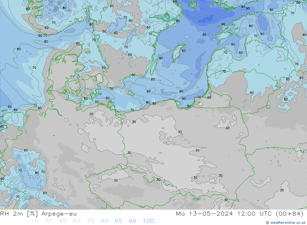 Humidité rel. 2m Arpege-eu lun 13.05.2024 12 UTC