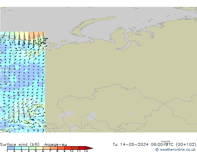 Vento 10 m (bft) Arpege-eu Ter 14.05.2024 06 UTC