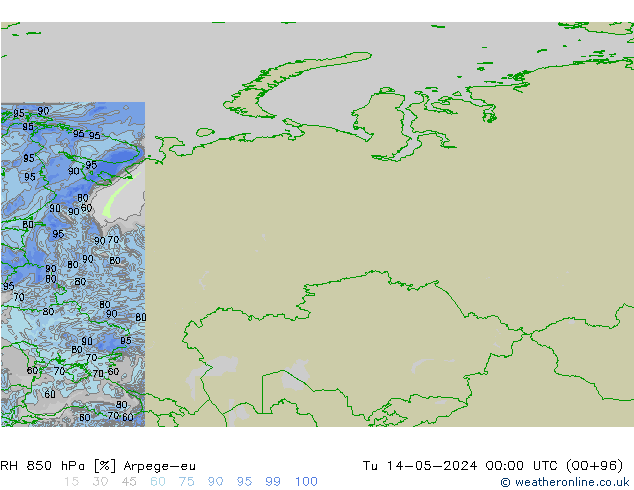RH 850 hPa Arpege-eu Út 14.05.2024 00 UTC