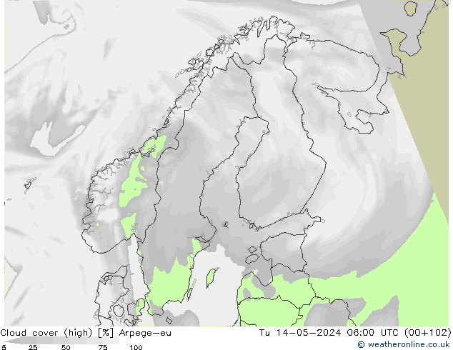 Cloud cover (high) Arpege-eu Tu 14.05.2024 06 UTC