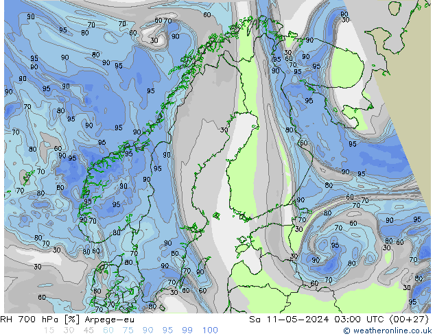 RH 700 hPa Arpege-eu Sáb 11.05.2024 03 UTC