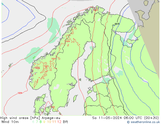 High wind areas Arpege-eu Sáb 11.05.2024 06 UTC