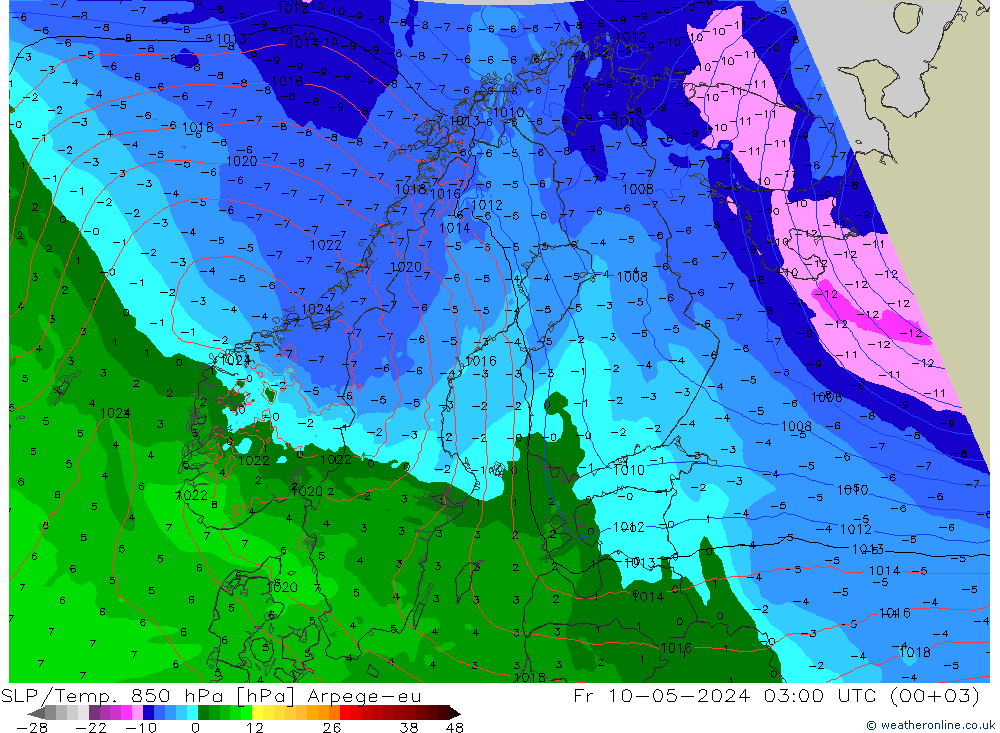 SLP/Temp. 850 hPa Arpege-eu  10.05.2024 03 UTC