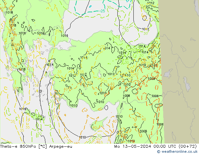 Theta-e 850hPa Arpege-eu lun 13.05.2024 00 UTC