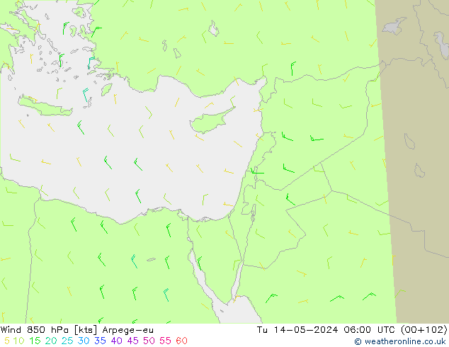 Wind 850 hPa Arpege-eu Tu 14.05.2024 06 UTC