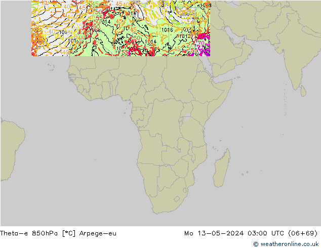 Theta-e 850hPa Arpege-eu lun 13.05.2024 03 UTC