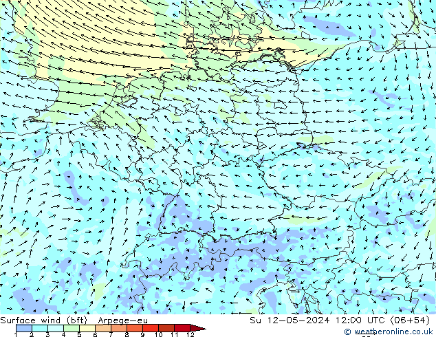 Surface wind (bft) Arpege-eu Ne 12.05.2024 12 UTC