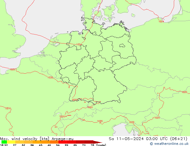 Windböen Arpege-eu Sa 11.05.2024 03 UTC