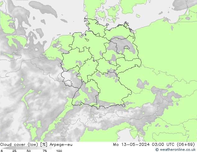 nízká oblaka Arpege-eu Po 13.05.2024 03 UTC