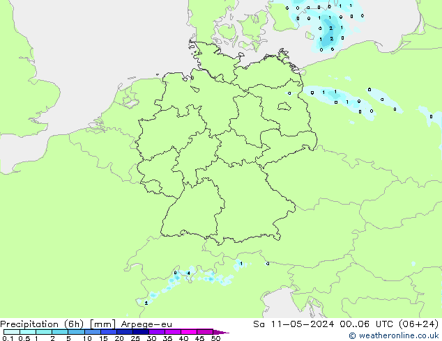 降水量 (6h) Arpege-eu 星期六 11.05.2024 06 UTC