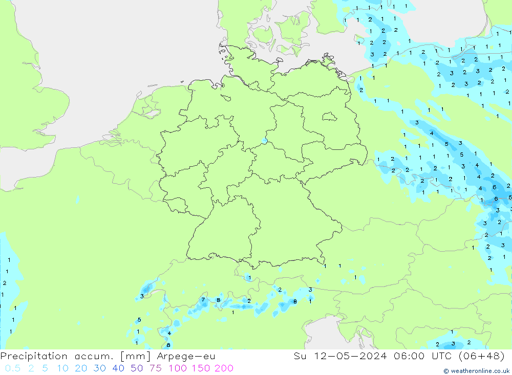 Totale neerslag Arpege-eu zo 12.05.2024 06 UTC