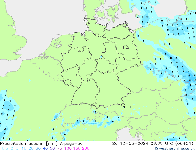 Precipitation accum. Arpege-eu Su 12.05.2024 09 UTC