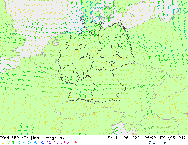 Vento 850 hPa Arpege-eu Sáb 11.05.2024 06 UTC