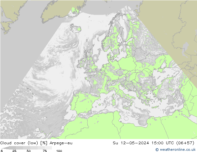 Cloud cover (low) Arpege-eu Su 12.05.2024 15 UTC
