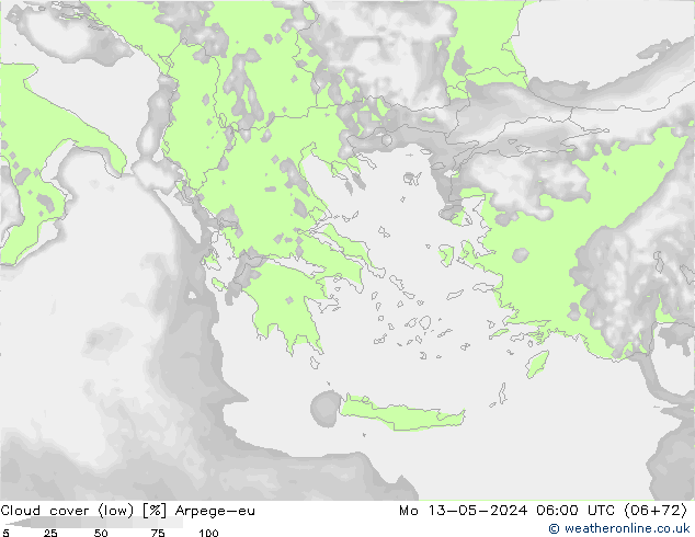 Cloud cover (low) Arpege-eu Mo 13.05.2024 06 UTC