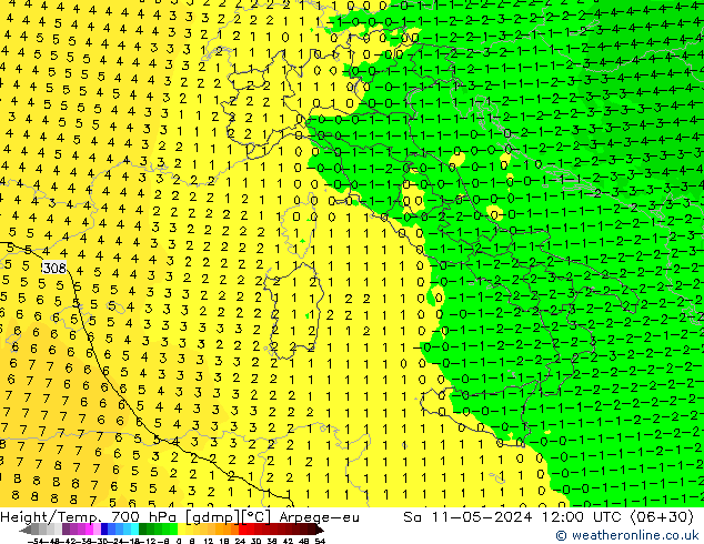 Geop./Temp. 700 hPa Arpege-eu sáb 11.05.2024 12 UTC