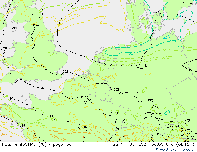 Theta-e 850hPa Arpege-eu Sa 11.05.2024 06 UTC