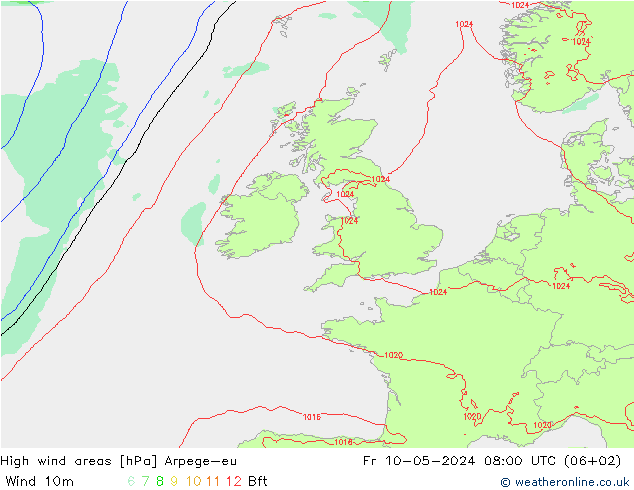 yüksek rüzgarlı alanlar Arpege-eu Cu 10.05.2024 08 UTC